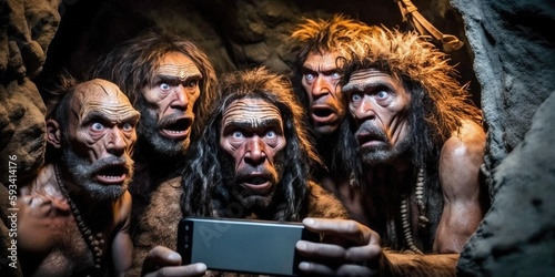 Group of prehistoric human or neanderthal taking selfie picture with mobile phone in funny emotion. superlative generative AI image. photo