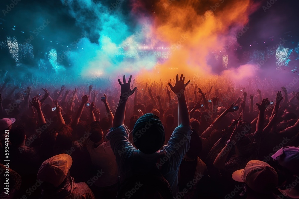 Open air concert, crowd partying stage lights live concert summer music festival. AI generated, human enhanced - obrazy, fototapety, plakaty 