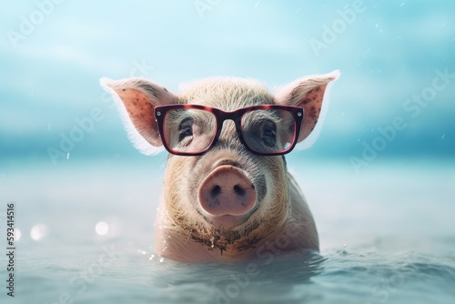 Funny cute pig in sunglasses with happy emotion. AI generated, human enhanced © top images