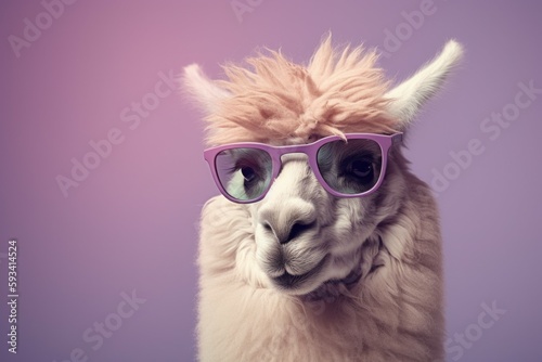 Funny cute alpaca in sunglasses with happy emotion. AI generated  human enhanced