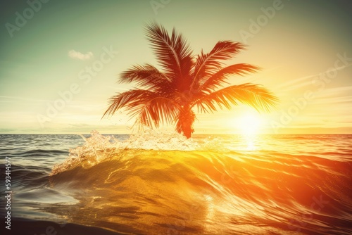 palm tree standing tall on a wave in the ocean. Generative AI