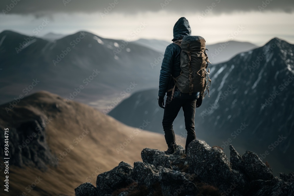 Person looking from the top of a mountain. AI generated, human enhanced. Person looking from the top of a mountain. AI generated, human enhanced.