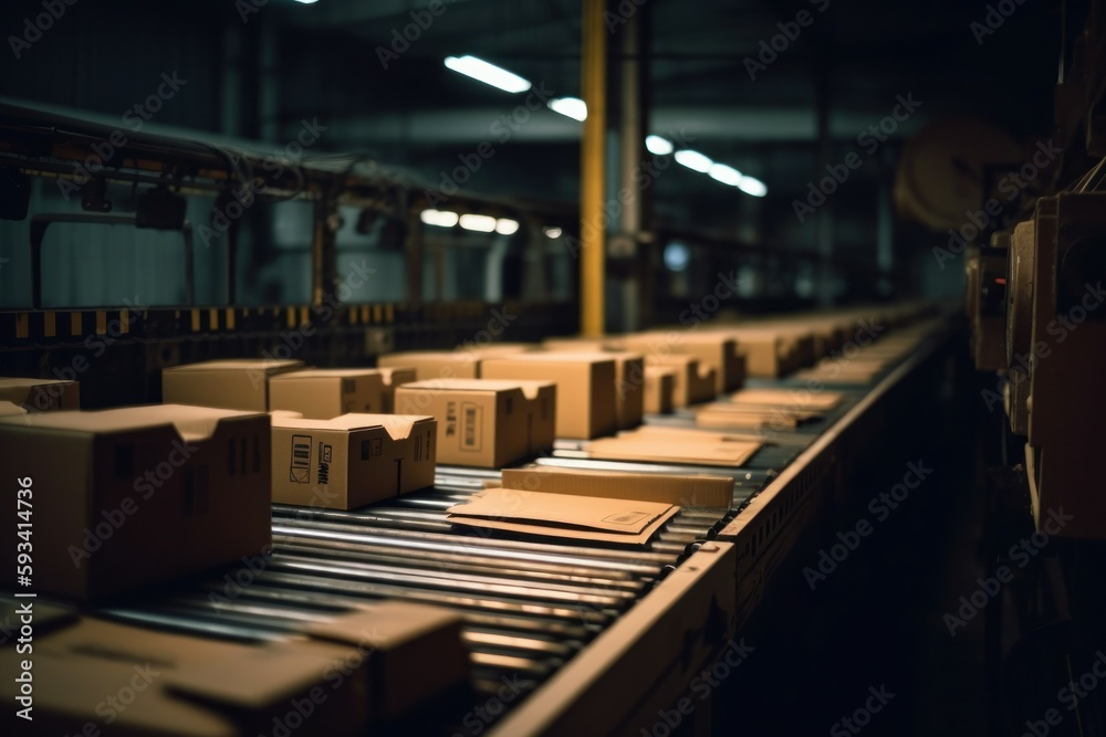 The parcel is on the conveyor belt. Concept of automatic logistics management. AI generated, human enhanced The parcel is on the conveyor belt. Concept of automatic logistics management. AI generated, human enhanced
