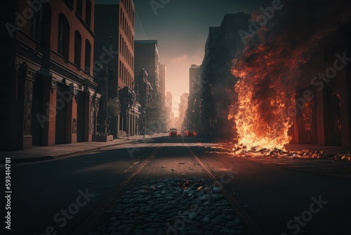A burned city street with no life apocalyptic scene  selective focus. AI generated  human enhanced