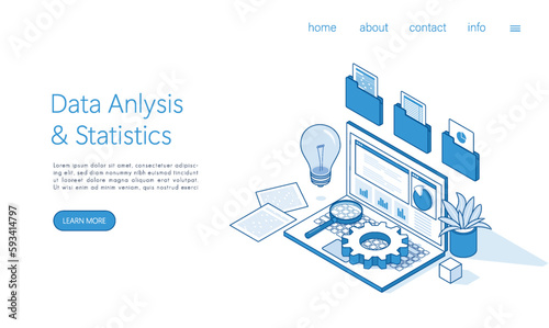 Landing page template Data Analysis, Business Statistic, Management, Consulting, Marketing Concept. Isometric vector.