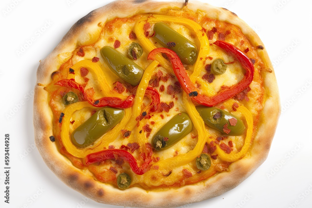 delicious pepper and cheese pizza on a clean white background. Generative AI delicious pepper and cheese pizza on a clean white background. Generative AI