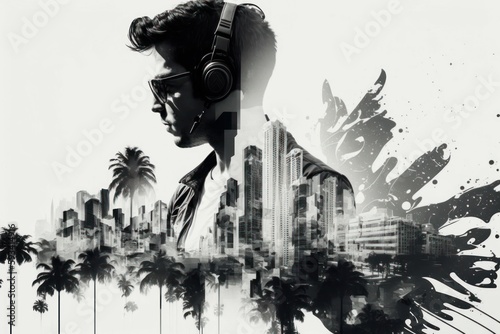 Young man wearing headphones and tropical southern city in multiple exposure style. AI generated, human enhanced