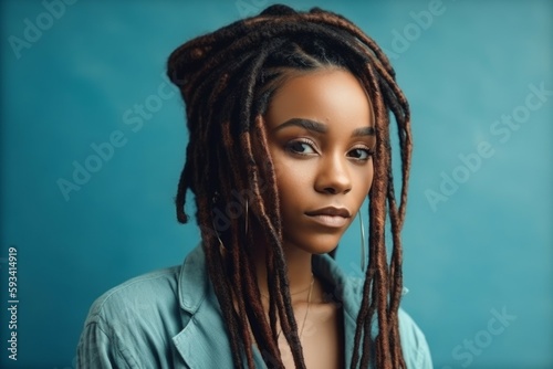 Portrait of a african woman with dreadlocks smiling at the camera in a studio. AI generated, human enhanced