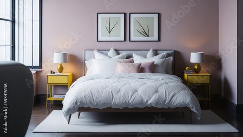 A modern mockup of a bright, spacious bedroom, rendered as a digital illustration