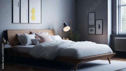 A modern mockup of a bright, spacious bedroom, rendered as a digital illustration