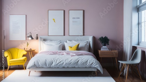 A modern mockup of a bright, spacious bedroom, rendered as a digital illustration