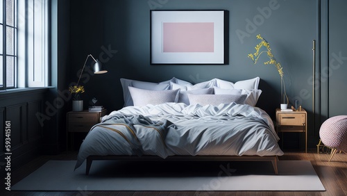 A modern mockup of a bright, spacious bedroom, rendered as a digital illustration