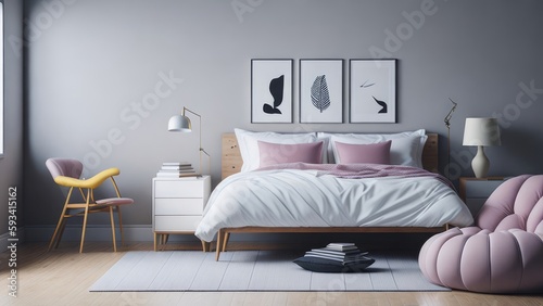 A modern mockup of a bright, spacious bedroom, rendered as a digital illustration