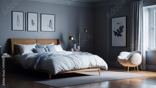 A modern mockup of a bright, spacious bedroom, rendered as a digital illustration