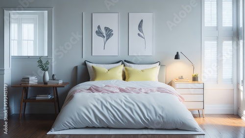 A modern mockup of a bright, spacious bedroom, rendered as a digital illustration