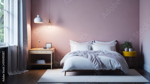 A modern mockup of a bright, spacious bedroom, rendered as a digital illustration