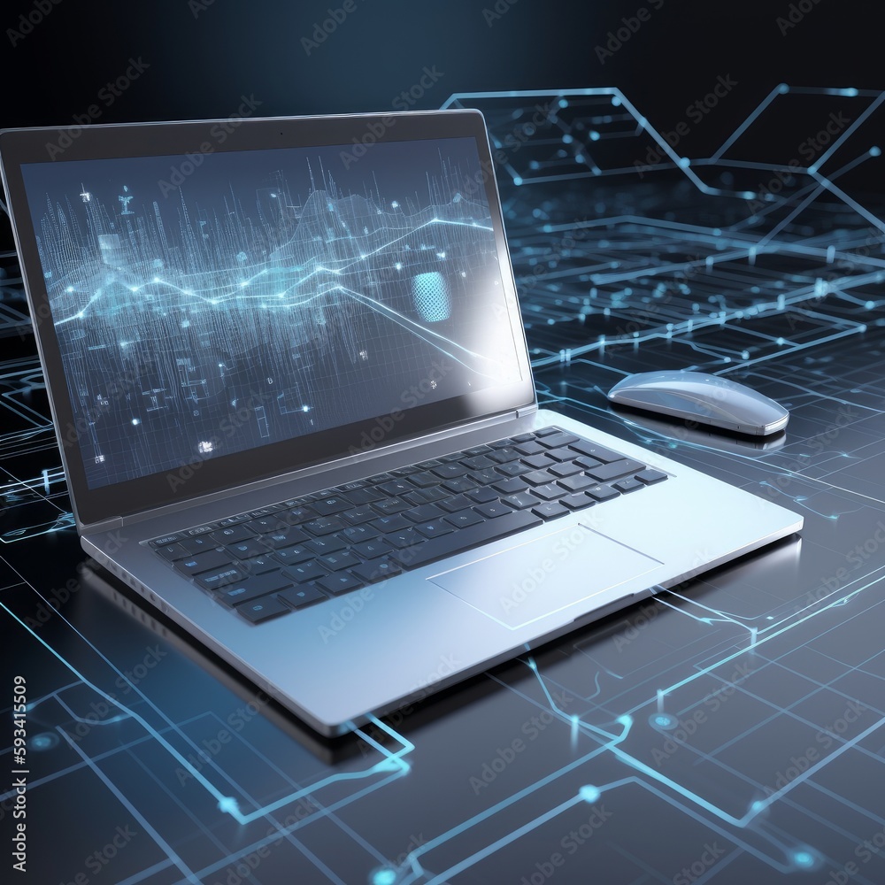 A futuristic laptop over a desk, analytical data A futuristic laptop over a desk, analytical data