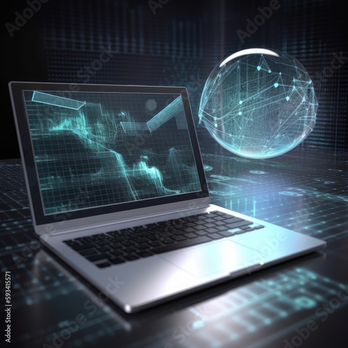 A futuristic laptop over a desk, analytical data