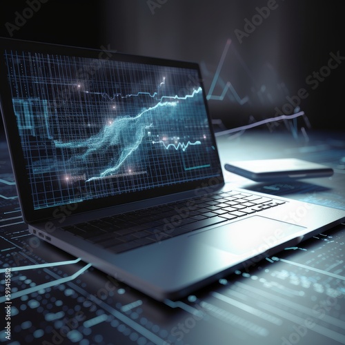 A futuristic laptop over a desk, analytical data