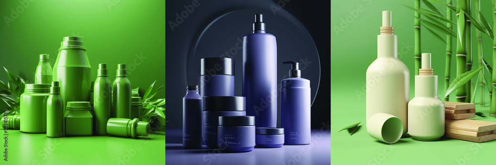 Bundle of 3 images of unlabelled cosmetic liquid bottles, sprayers, cremes, and glass containers Bundle of 3 images of unlabelled cosmetic liquid bottles, sprayers, cremes, and glass containers