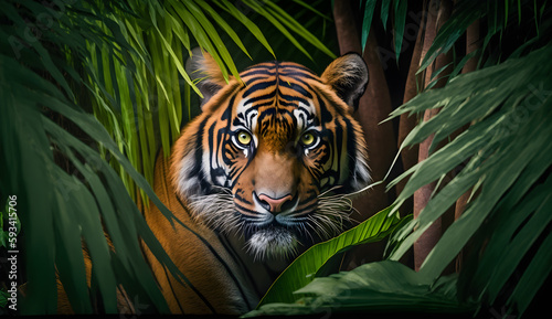 Sumatran tiger looking at the camera,tiger walking in tropical forest conservation .generative ai