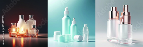 Bundle of 3 images of unlabelled cosmetic liquid bottles, sprayers, cremes, and glass containers