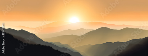 The sun rises over mountains at sunrise. Generative Ai.