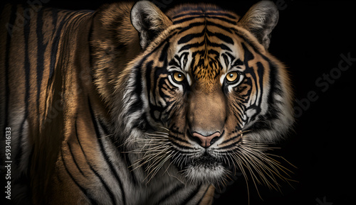 Sumatran tiger looking at the camera tiger on black background .generative ai