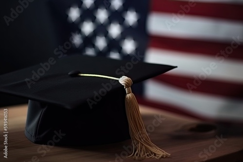 A graduation cap on the American flag