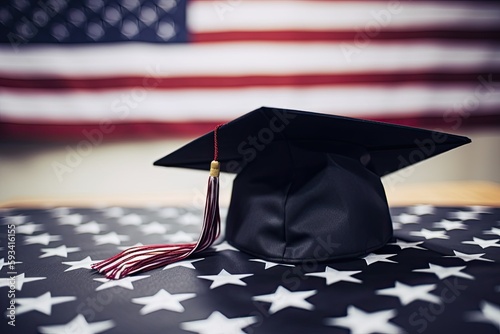 A graduation cap on the American flag