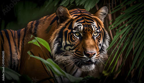 Sumatran tiger looking at the camera tiger walking in tropical forest conservation .generative ai