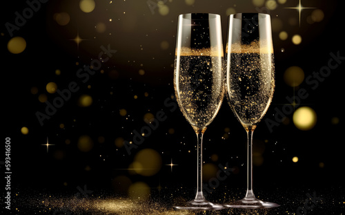 champagne flutes with sparkling confetti, bright backgrounds, light black and gold. Generative Ai. 