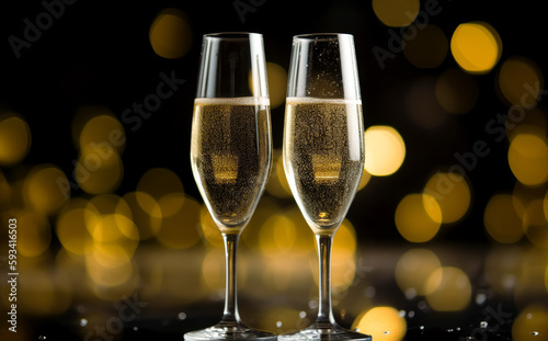 champagne flutes with sparkling confetti, bright backgrounds, light black and gold. Generative Ai. 