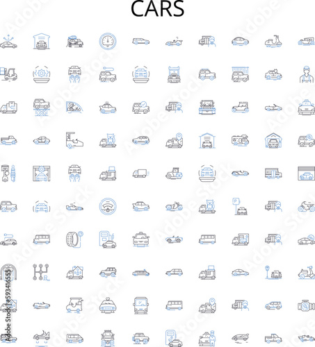 Cars outline icons collection. Vehicle, Automobile, Motor, Auto, Sedan, SUV, Truck vector illustration set. Coupe, Van, Crossover linear signs