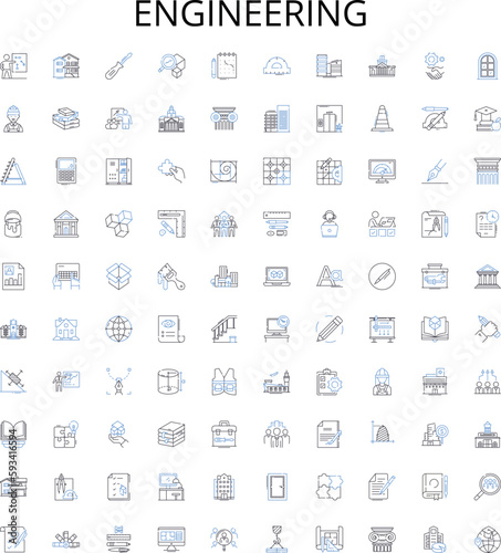 Engineering outline icons collection. Engineering, Design, Construct, Create, Develop, Assemble, Invent vector illustration set. Analyze, Manufacture, Program linear signs