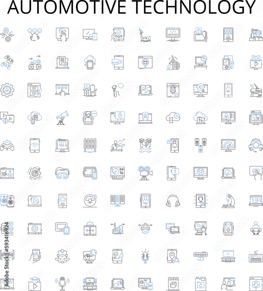 automotive technology outline icons collection. Automotive, Technology, Cars, Engines, Diagnostics, Repairs, Manufacturing vector illustration set. Robotics, Electronics, Fuel linear signs