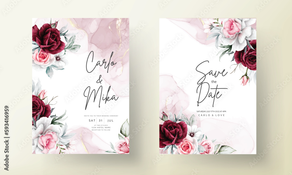 elegant white and maroon rose floral frame watercolor invitation card template