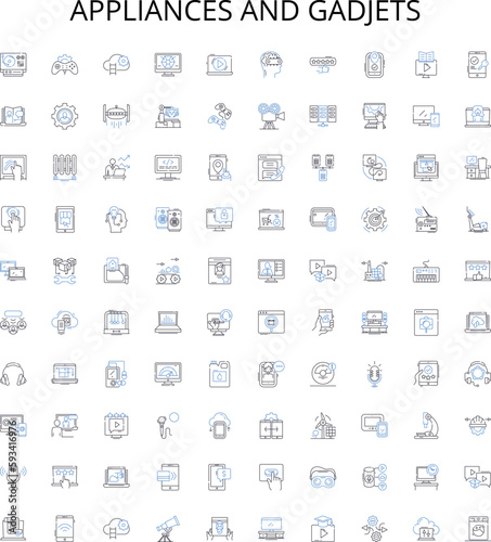 Appliances and gadjets outline icons collection. Appliances, Gadgets, Refrigerator, Microwave, Oven, Toaster, Blender vector illustration set. Juicer, Mixer, Grinder linear signs