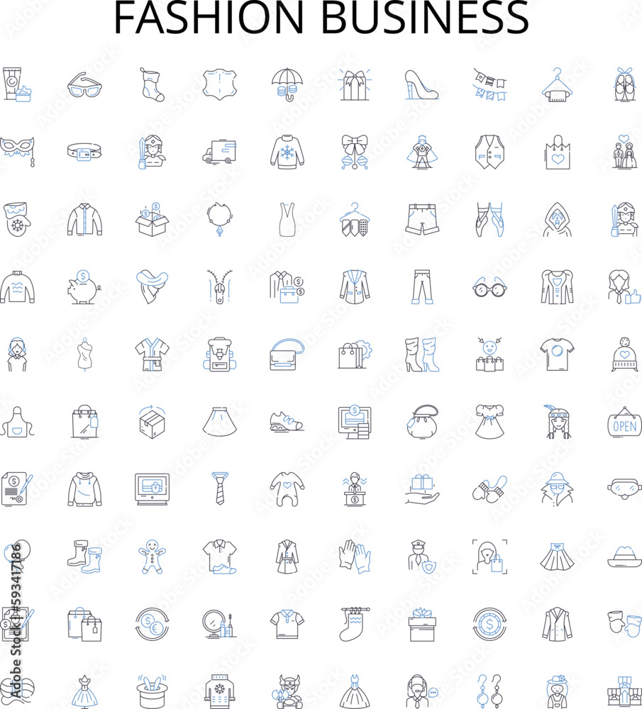 Fashion business outline icons collection. Clothing, Footwear, Apparel, Accessories, Style, Trend, Manufacturing vector illustration set. Retail, Wholesale, Design linear signs