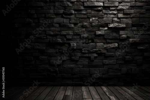 Dark Room with Brick Wall and Wooden Floor. Generative AI