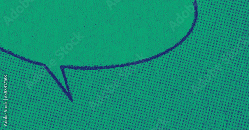 Closeup photo of vintage comic book page with dot printing pattern and empty speech bubble with green blue duotone effect