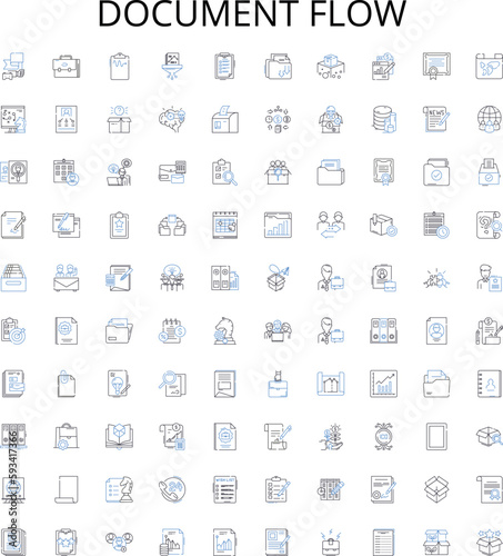 Document flow outline icons collection. Document, Flow, Management, Automation, Tracking, Log, System vector illustration set. Audit, Review, Storage linear signs
