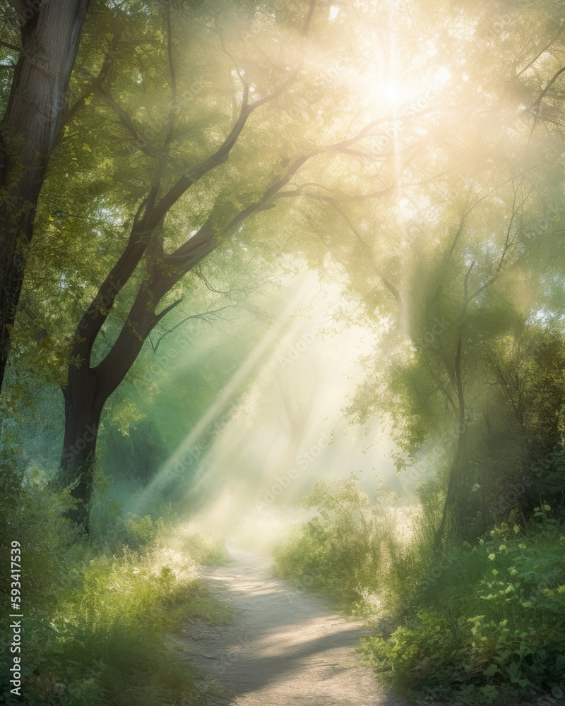 Obraz premium Sunlight shines through the grassy field, in the style of fairy tales. Generative Ai.