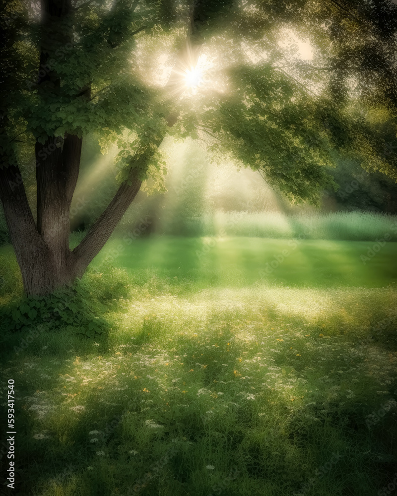 Sunlight shines through the grassy field, in the style of fairy tales. Generative Ai. Sunlight shines through the grassy field, in the style of fairy tales. Generative Ai.