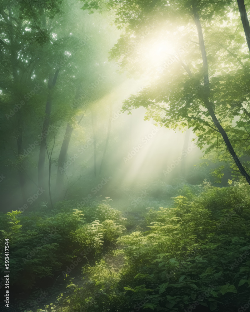 Obraz premium Sunlight shines through the grassy field, in the style of fairy tales. Generative Ai.
