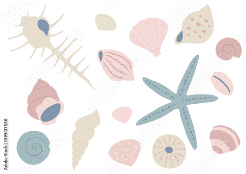 柔らかい色合いのいろいろな貝のイラスト © perisuta