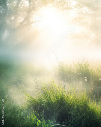 Sunlight shines through the grassy field, in the style of fairy tales. Generative Ai.