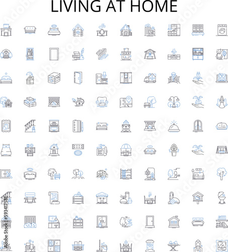 Living at home outline icons collection. Dwell, Reside, Abide, Occupy, Co-habit, Inn, Household vector illustration set. Home, Surviving, Lounging linear signs