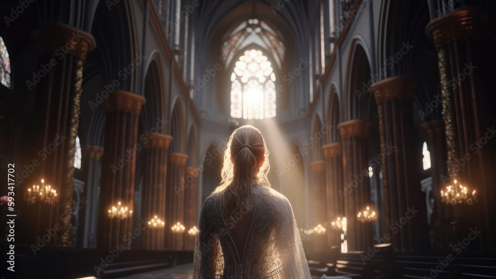 Fantasy world, woman praying in cathedral, digital illustration, AI generated