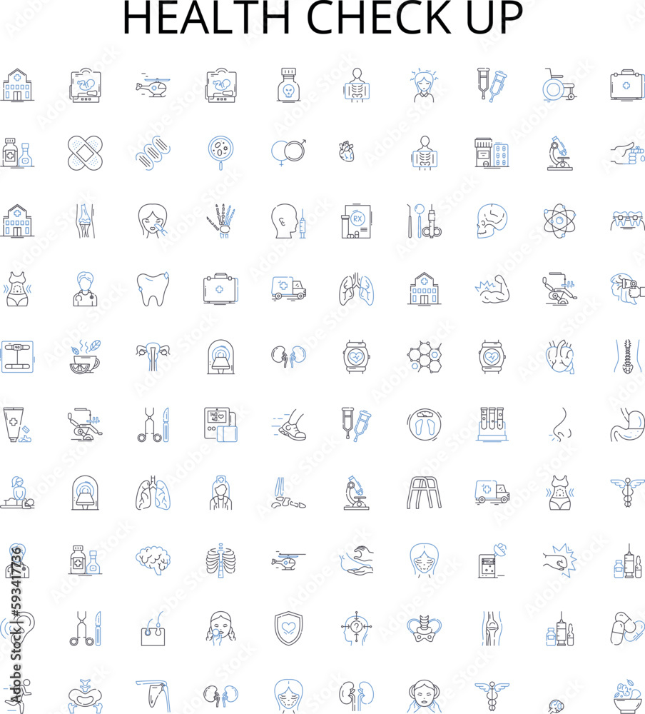 Health check up outline icons collection. Examination, Diagnosis, Reviews, Tests, Scans, Ultrasounds, Screening vector illustration set. Screeners, Prevention, Measurements linear signs